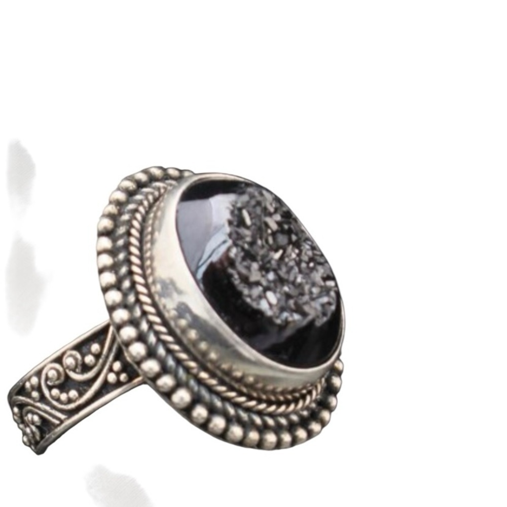 Obsidian Silver Large Oval black Volcanic look Agate sterling silver ring